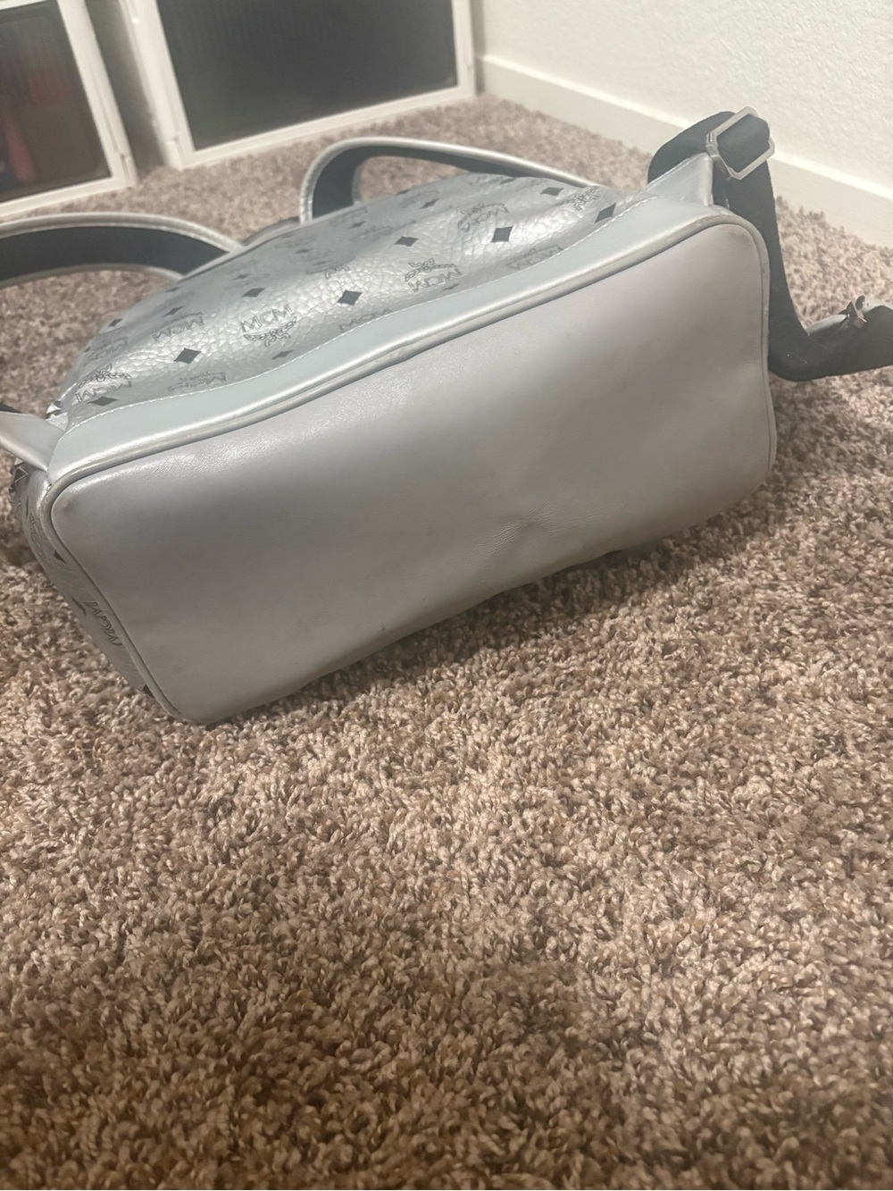 MCM Metallic Silver Monogram Backpack with Stud Accents - Picture 3 of 4